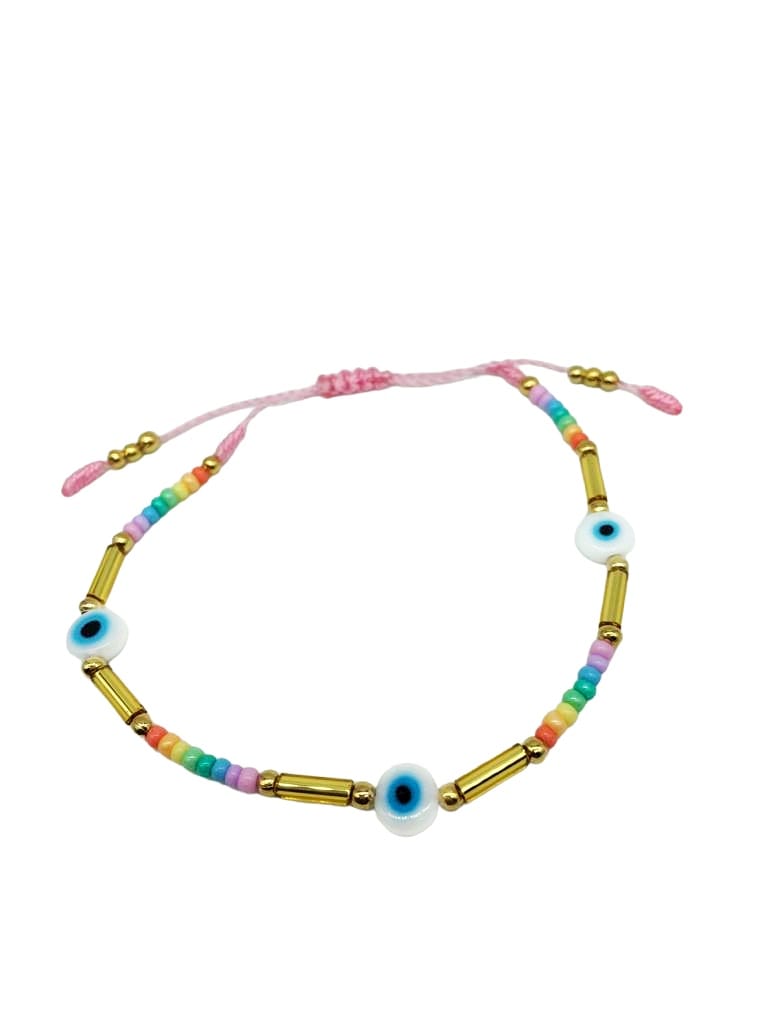 PULSERA HILO ROSA CON TRES OJOS BLANCOS PIEDRAS PASTEL