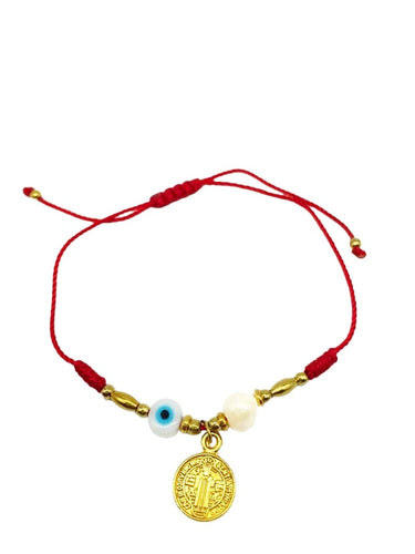 PULSERA HILO ROJO CON PERLAUNICA OJO Y S. BENITO