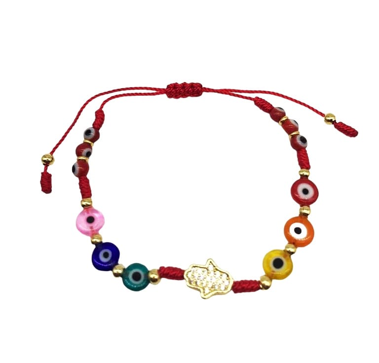 PULSERA HILO ROJO OJO MULTICOLOR MANO ZIRCONIAS