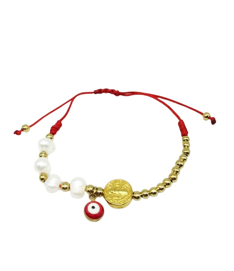 PULSERA MITAD PERLA  Y BOLAS S. BENITO Y OJO