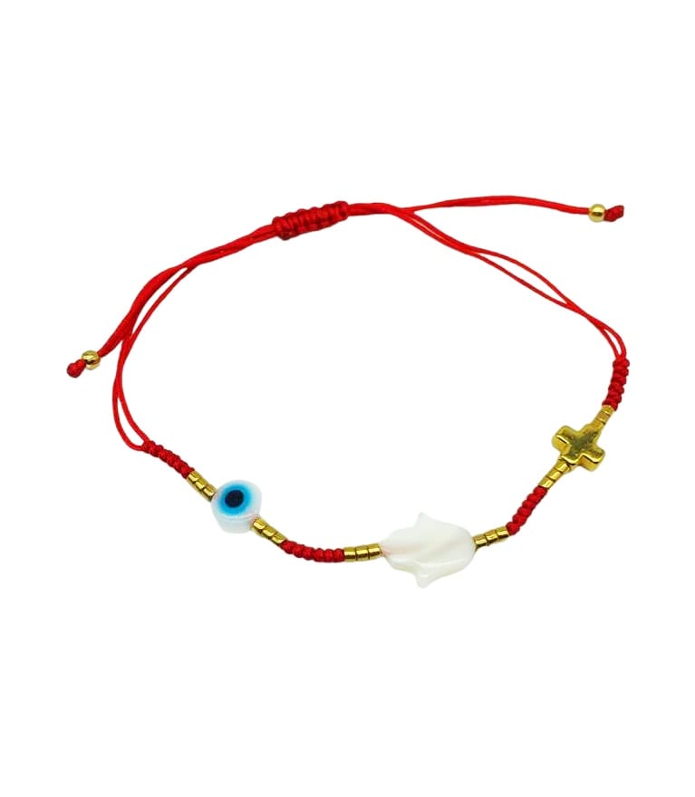 PULSERA HILO ROJO MANO MADRE PERLA, CRUZ Y OJO