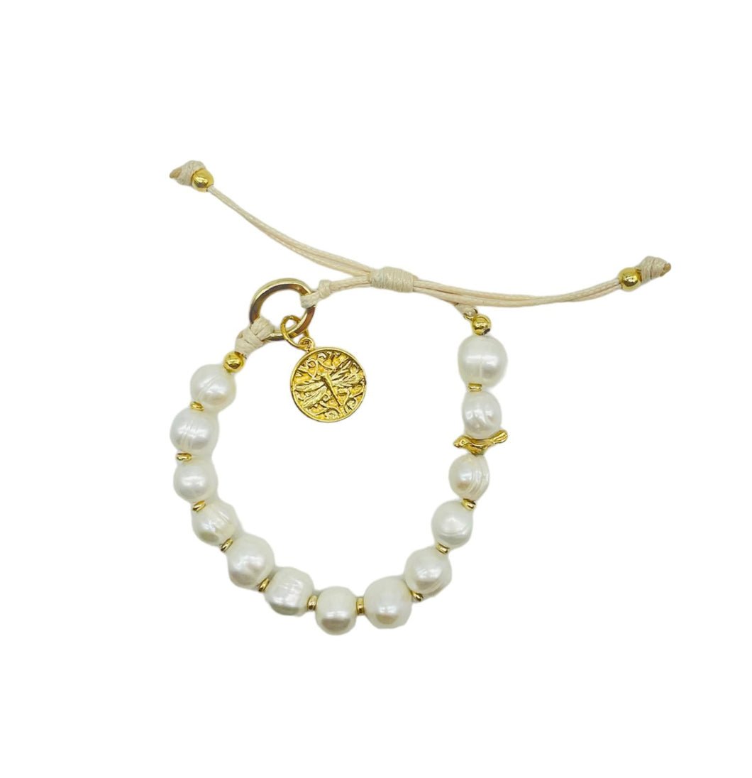 Pulsera de cordon de perlas ajustable con libelula