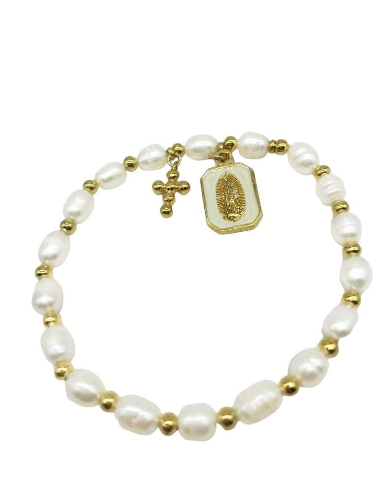 PULSERA PERLAS CON VIRGEN ESMALTADA Y CRUZ BOLEADA