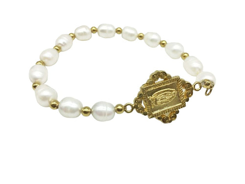 PULSERA PERLAS CON DIJE VIRGEN MINI ROSAS