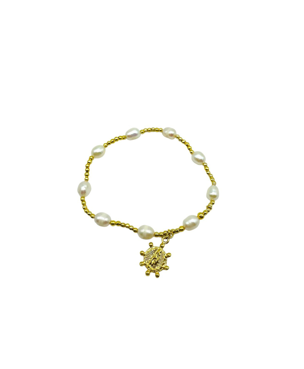 PULSERA DE PERLA CON BOLITA DORADA Y DIJE DE LA VIRGEN