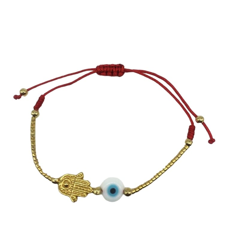 PULSERA ROJA CON MANO DORADA Y OJO TRANSVERSAL