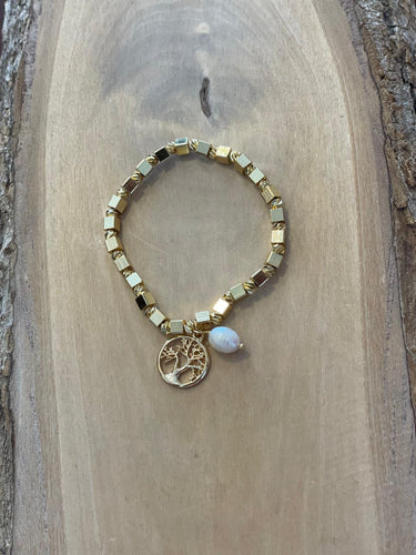 Pulsera dorada, con árbol de la vida y perla
