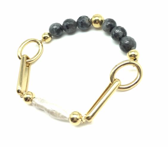 Pulsera perla barra gris con piedra y cadena
