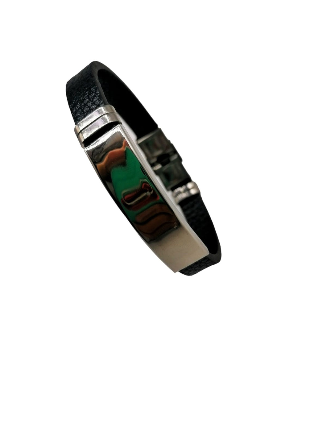 PULSERA PLACA PLATEADA CUERO NEGRO HOMBRE