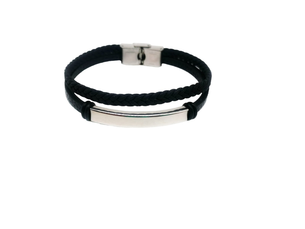 PULSERA PLACA METALICACUERO NEGRO HOMBRE