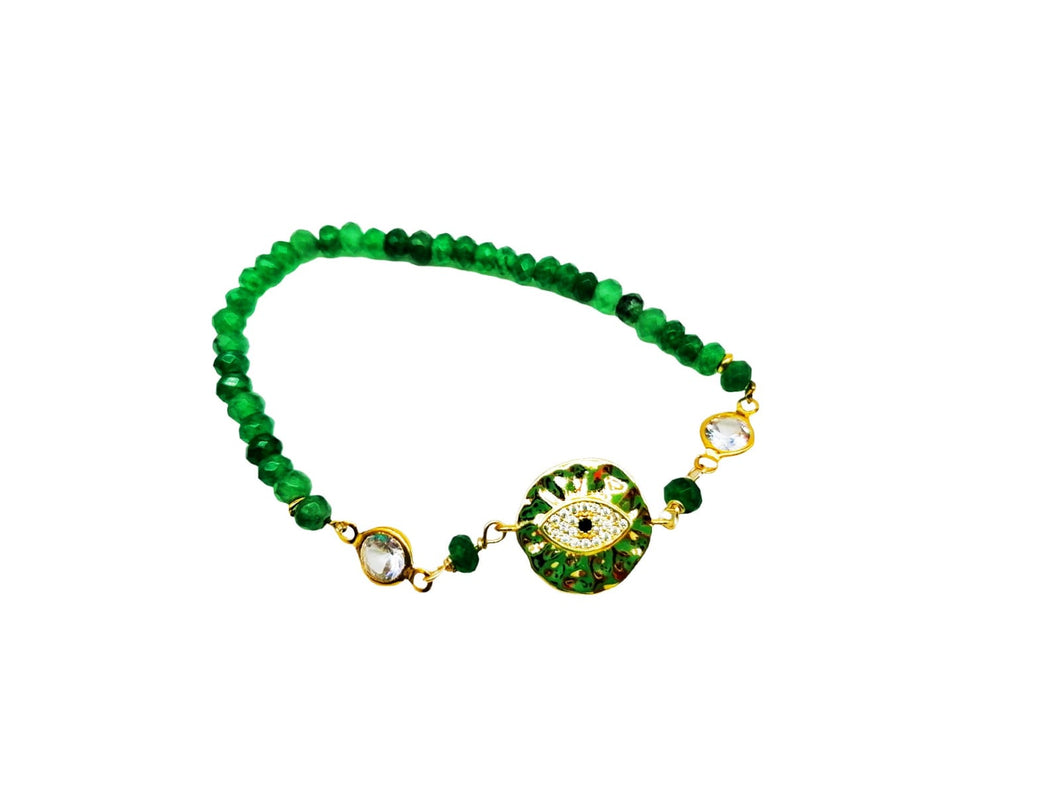 PULSERA VERDE JADE CON OJO Y CRISTAL