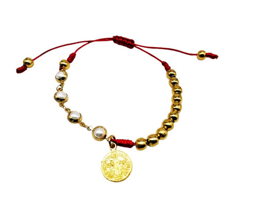 PULSERA HILO ROJO PERLA Y BOLAS DORADAS SAN BENITO